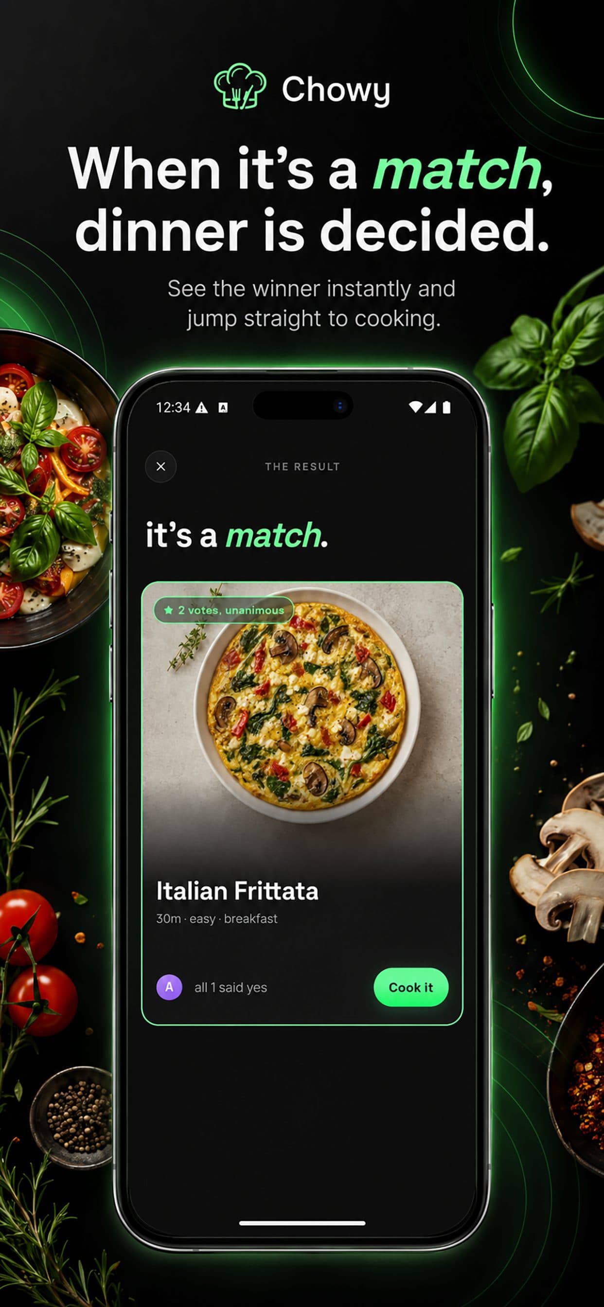 When it's a match, dinner is decided — Chowy's result screen with the winning recipe and a Cook it button